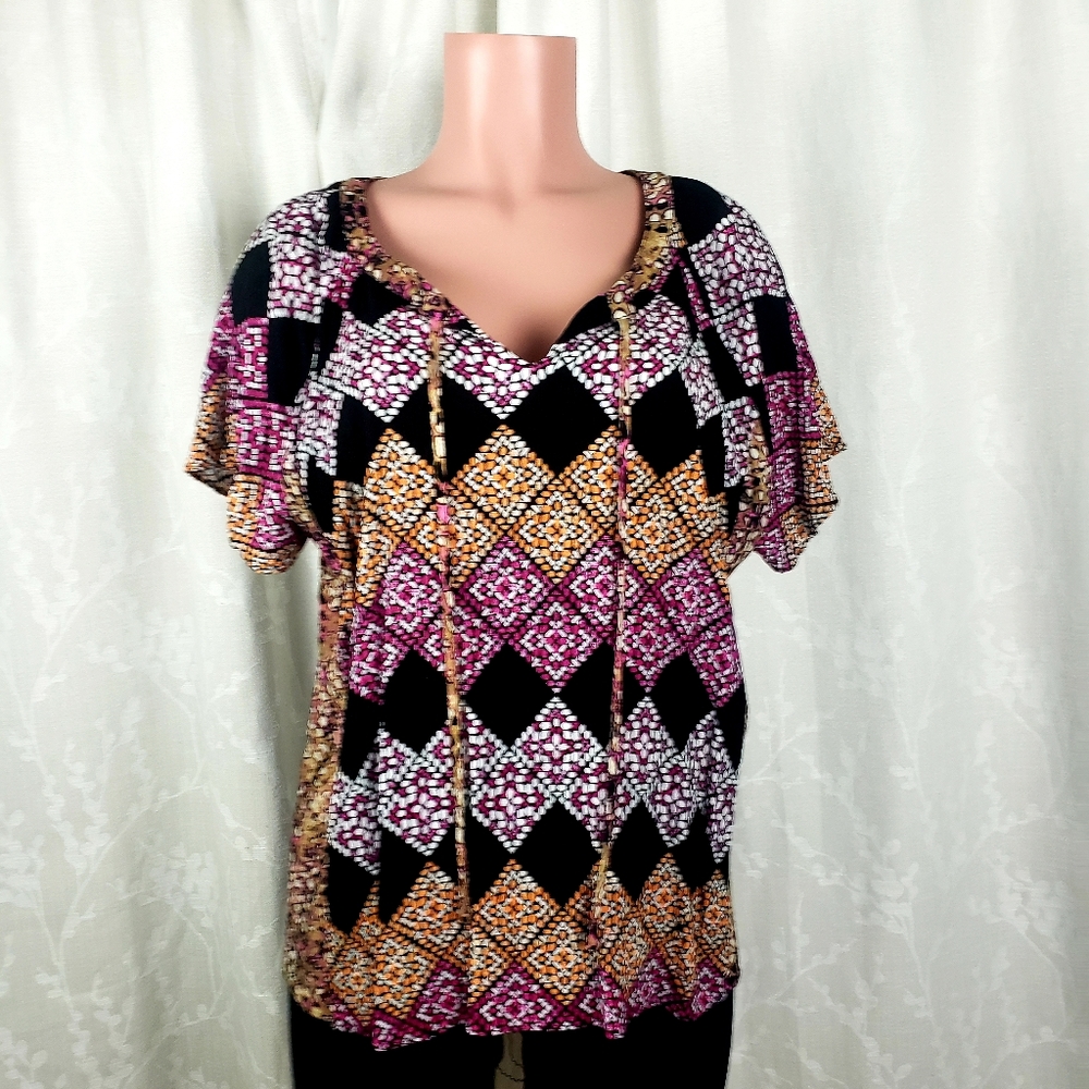 Jaclyn Smith Womens Blouse Black Multicolor Diamon